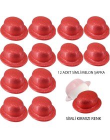 Red Color Glitter Bowler Round Party Hat 12 Pieces