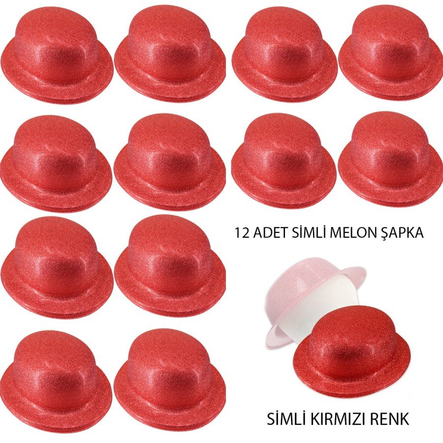 Red Color Glitter Bowler Round Party Hat 12 Pieces