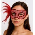 Red Color Sequin Embroidered Party Mask with Feathers on the Side 23x12 cm