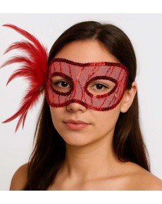 Red Color Sequin Embroidered Party Mask with Feathers on the Side 23x12 cm