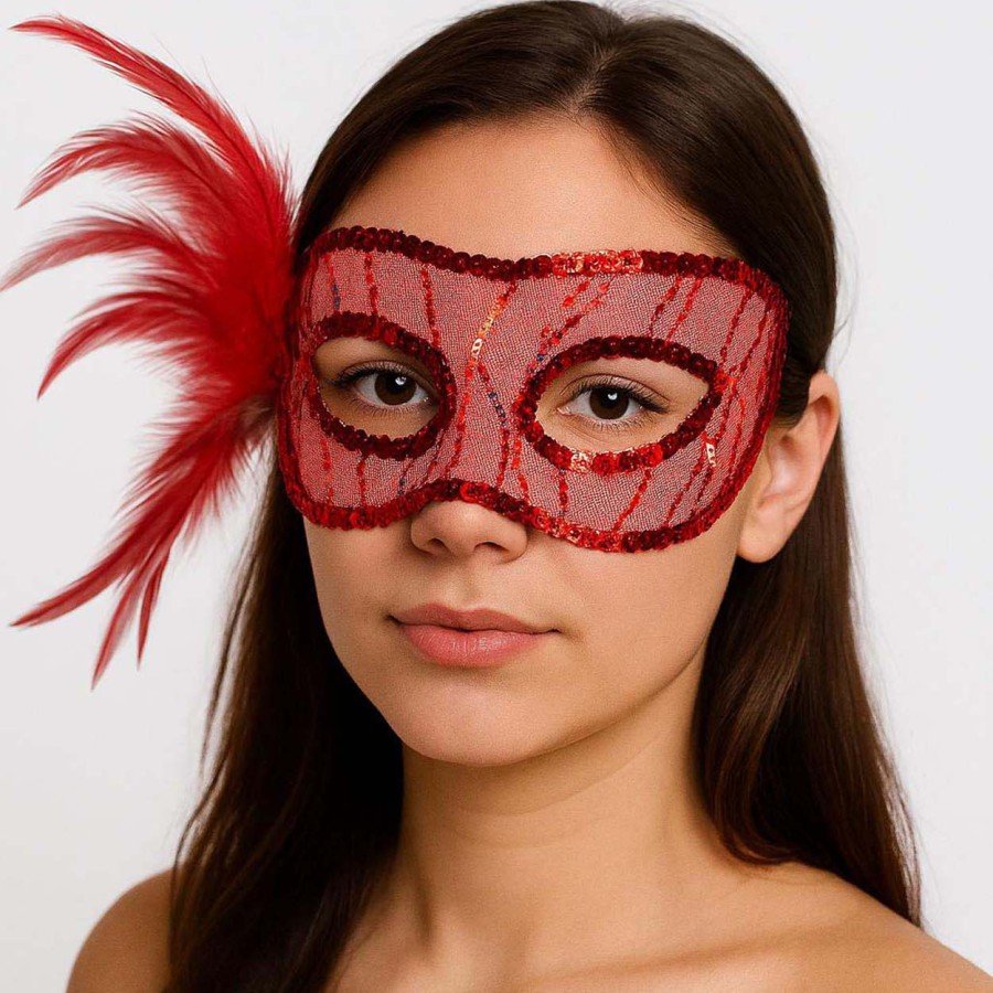 Red Color Sequin Embroidered Party Mask with Feathers on the Side 23x12 cm