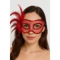 Red Color Sequin Embroidered Party Mask with Feathers on the Side 23x12 cm