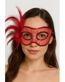 Red Color Sequin Embroidered Party Mask with Feathers on the Side 23x12 cm