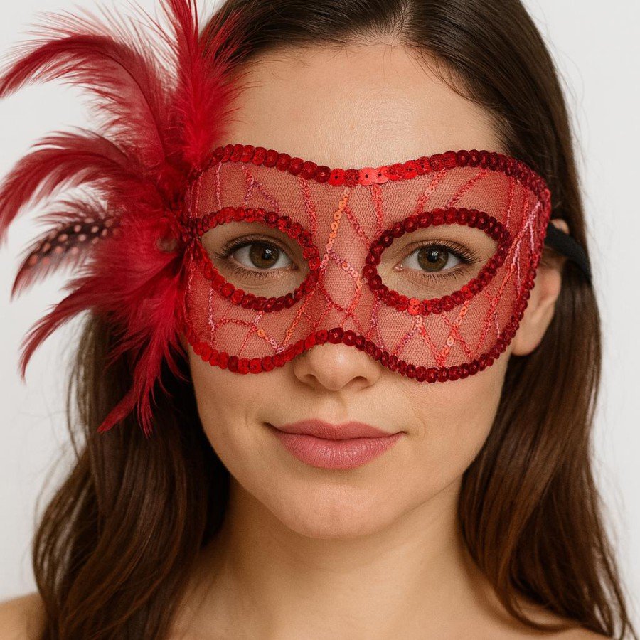 Red Color Sequin Embroidered Party Mask with Feathers on the Side 23x12 cm