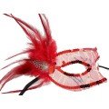Red Color Sequin Embroidered Party Mask with Feathers on the Side 23x12 cm