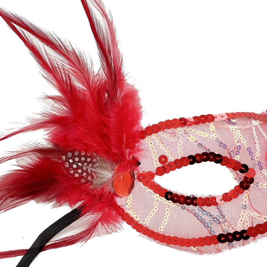 Red Color Sequin Embroidered Party Mask with Feathers on the Side 23x12 cm