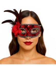 Red Color Side Feather Rose and Silver Stone Sequin Mask 20x22 cm