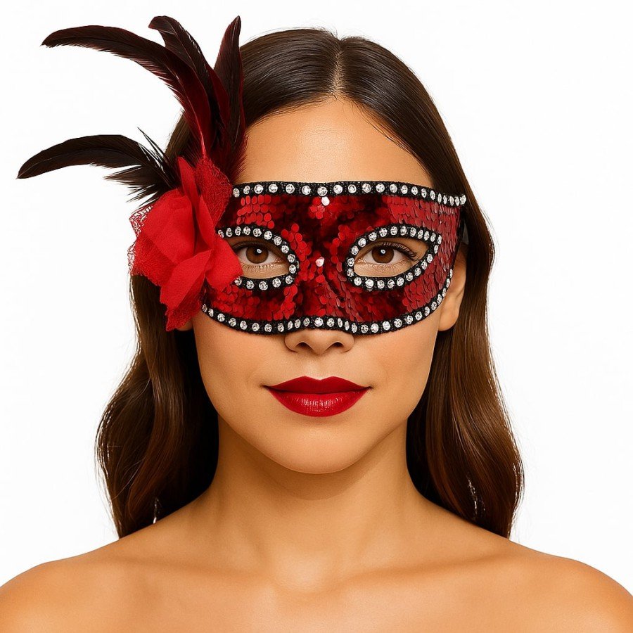 Red Color Side Feather Rose and Silver Stone Sequin Mask 20x22 cm