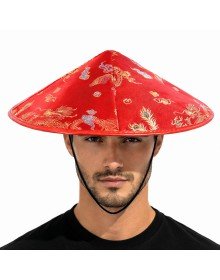Red Satin Chinese Patterned Dragon Embroidered Hat – Elastic