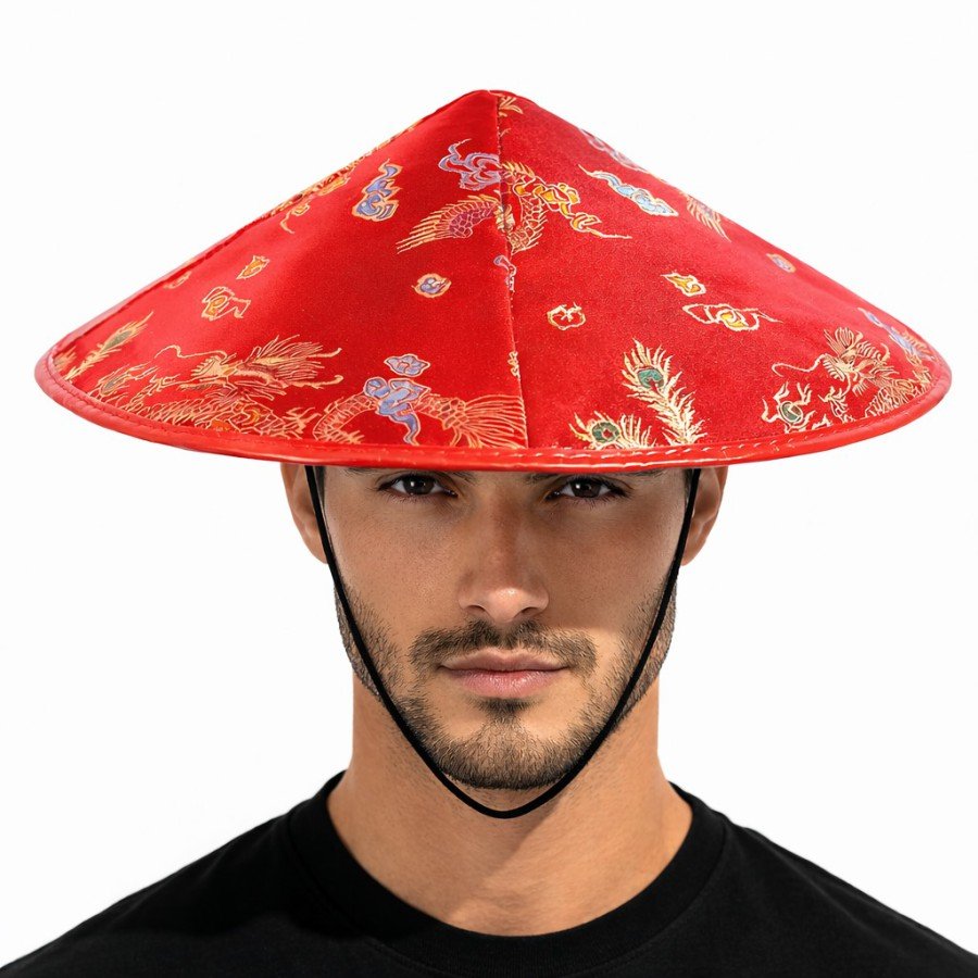 Red Satin Chinese Patterned Dragon Embroidered Hat – Elastic
