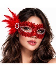 Red Stone Venetian Party Mask – Feathered Sequined