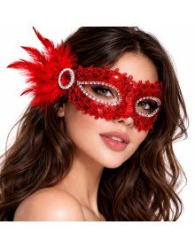 Red Stone Venetian Party Mask – Feathered Sequined