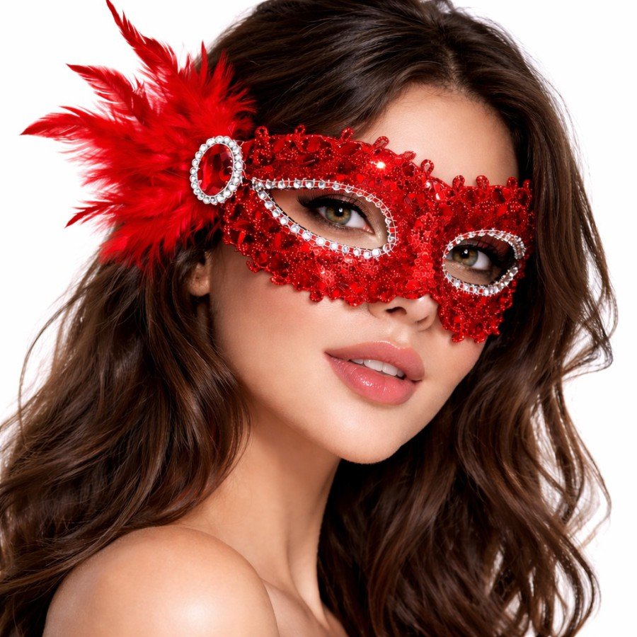 Red Stone Venetian Party Mask – Feathered Sequined