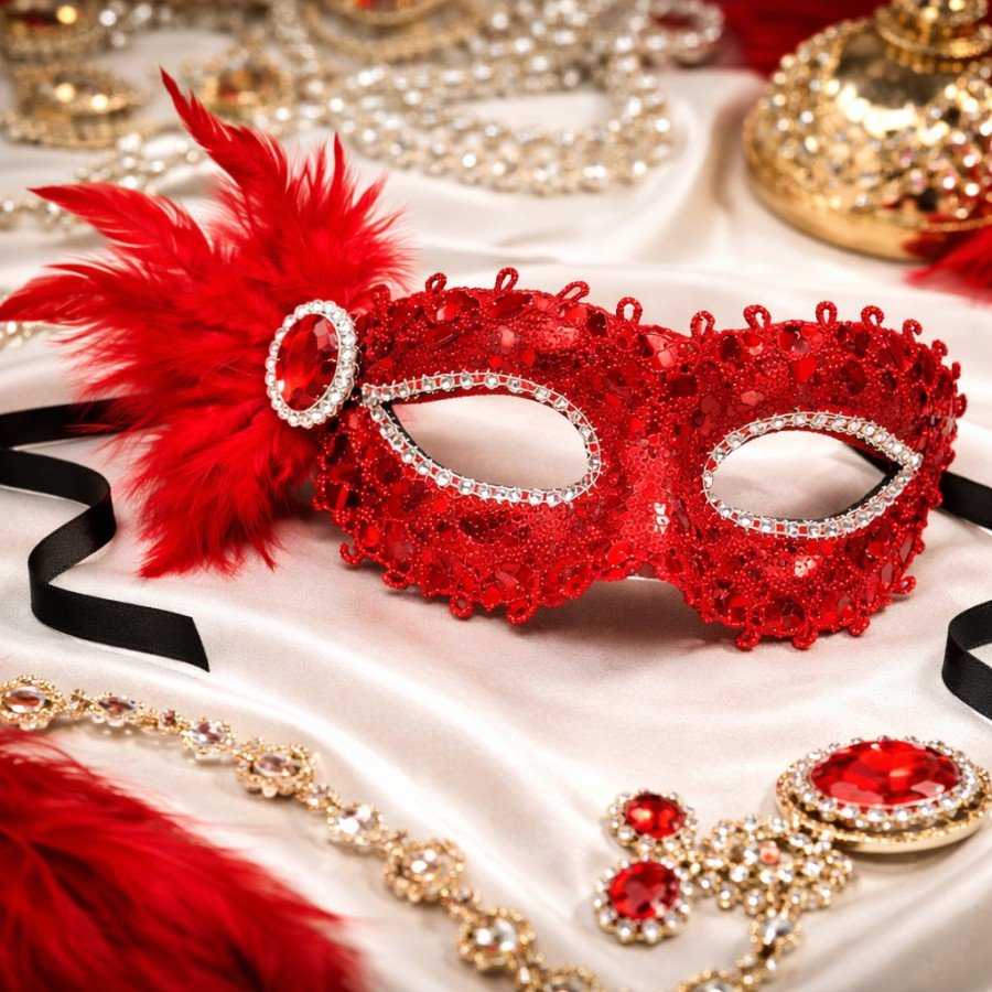 Red Stone Venetian Party Mask – Feathered Sequined
