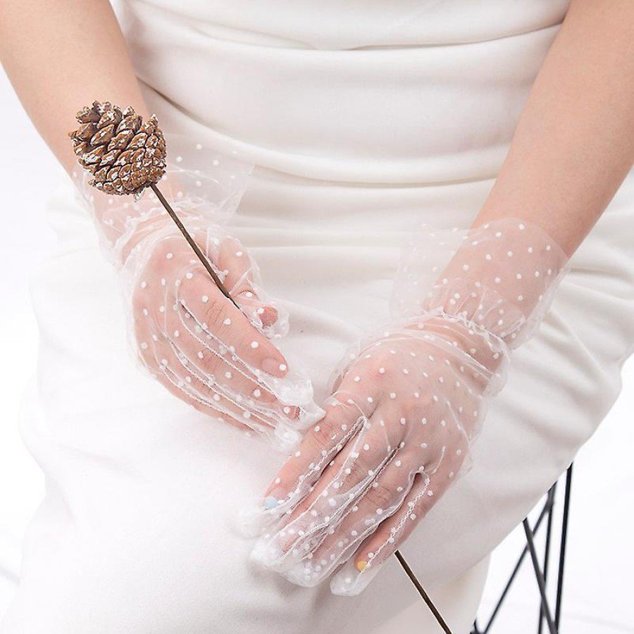 Short Length Laced White Polka Dot Tulle Gloves White Color Short Length Laced White Polka Dot Tulle Gloves White Color