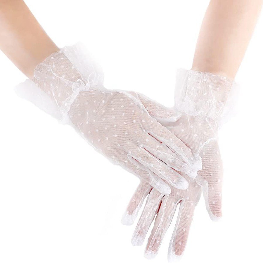 Short Length Laced White Polka Dot Tulle Gloves White Color Short Length Laced White Polka Dot Tulle Gloves White Color