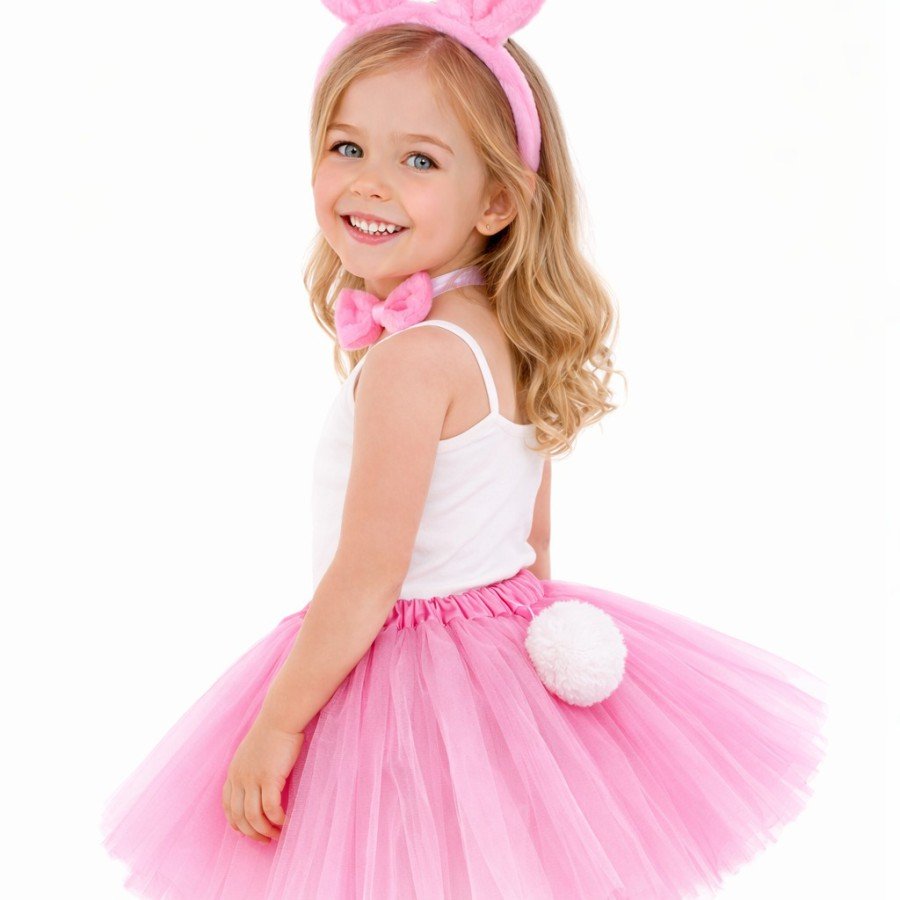 Girl s All Pink Rabbit Ears Costume Set – 4 Pieces with Tutu Skirt