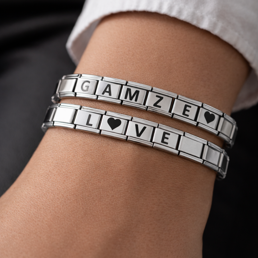 Customizable Steel Bracelet - Stainless Steel Bracelet with Lettered Charm Module - Special Design with Name Written Customizable Steel Bracelet - Stainless Steel Bracelet with Lettered Charm Module - Special Design with Name Written