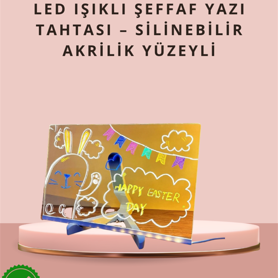 LED Lighted Transparent Writing Board – Neon Effect Acrylic Board, Erasable, 7 Colored Pens, 30x20 cm