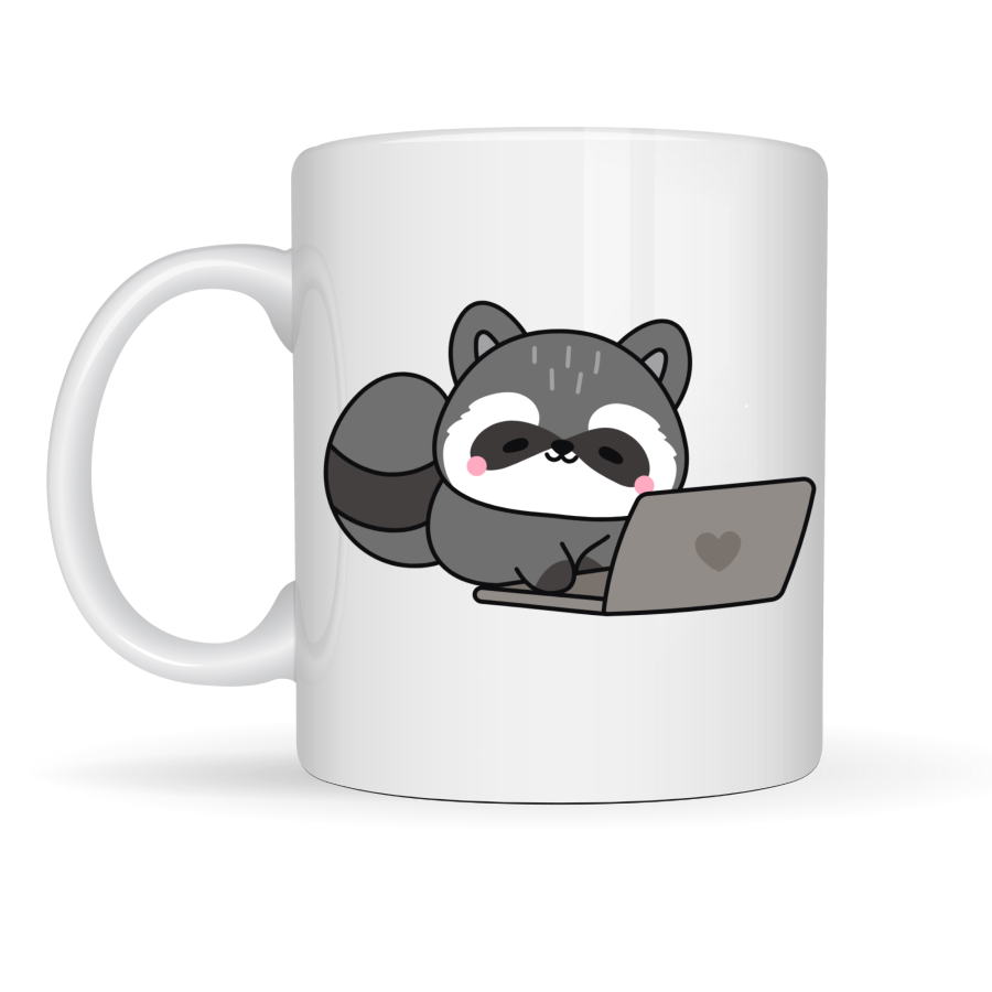 Cute Raccoon Patterned Porcelain Mug with Laptop MODEL 114 – Fun Coffee Cup for the Office, Special Sweet Gift for Employees Cute Raccoon Patterned Porcelain Mug with Laptop MODEL 114 – Fun Coffee Cup for the Office, Special Sweet Gift for Employees