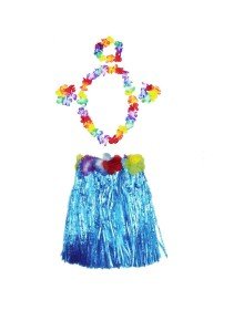 Luau Aloha Hawaii Party Skirt Crown and Bracelet Set Blue