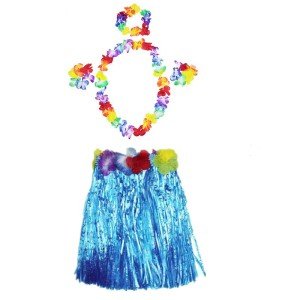 Luau Aloha Hawaii Party Skirt Crown and Bracelet Set Blue