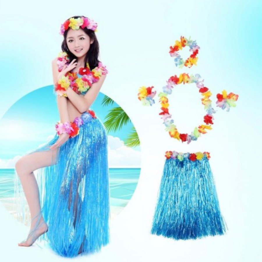 Luau Aloha Hawaii Party Skirt Crown and Bracelet Set Blue