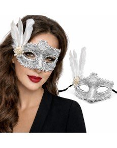 Luxury White Feather Venetian Mask – Stone Lace Design