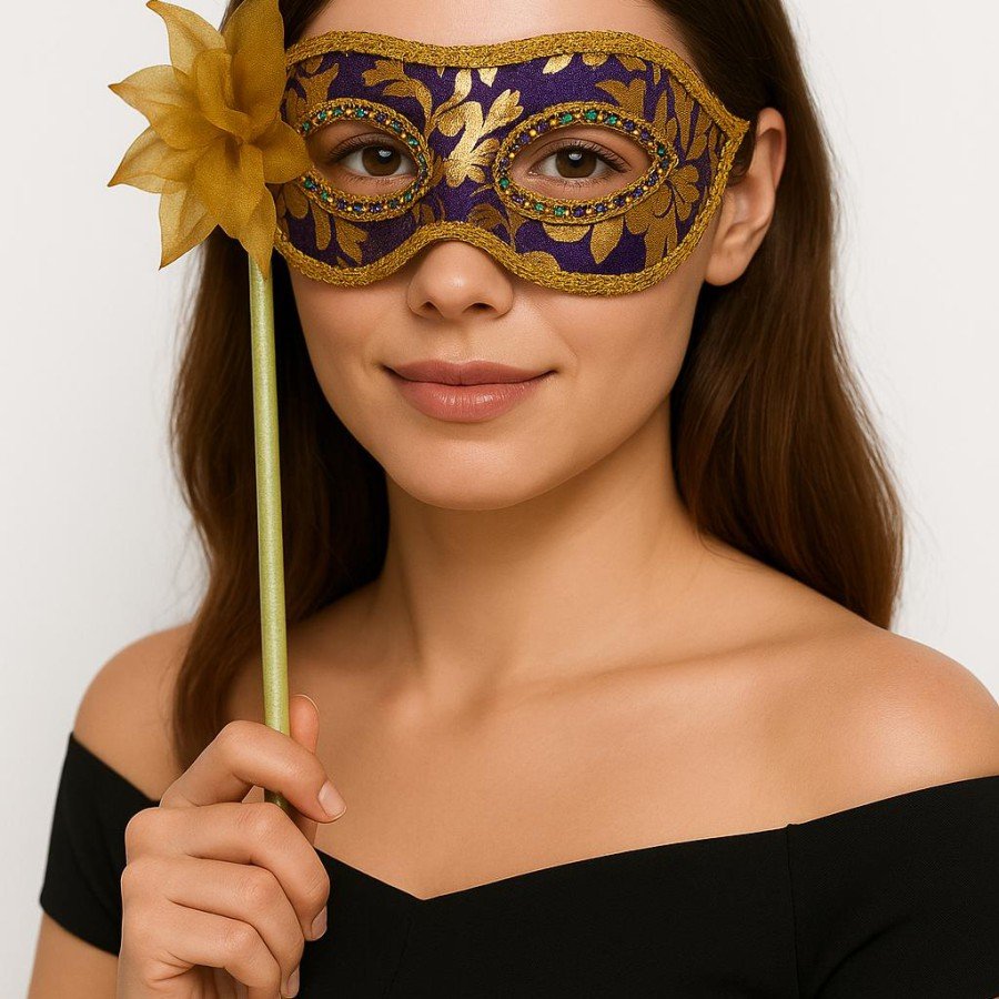 Luxury Stoned Handle Masquerade Mask Purple Color 35 cm