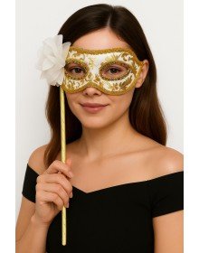 Luxury Stoned Handle Masquerade Mask White Color 35 cm