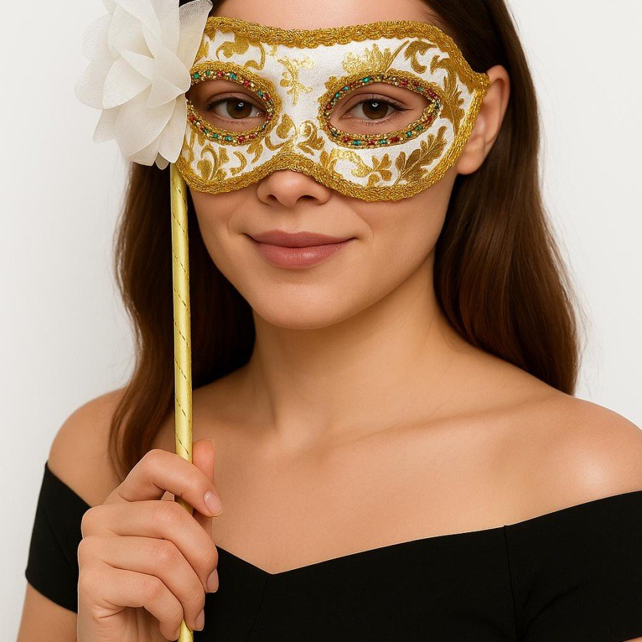 Luxury Stoned Handle Masquerade Mask White Color 35 cm