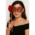 Luxury Stoned Handle Masquerade Mask Red Color 35 cm