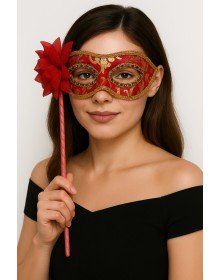 Luxury Stoned Handle Masquerade Mask Red Color 35 cm