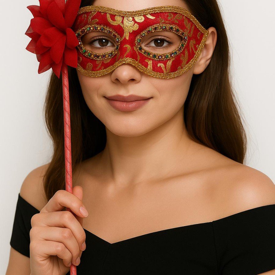Luxury Stoned Handle Masquerade Mask Red Color 35 cm