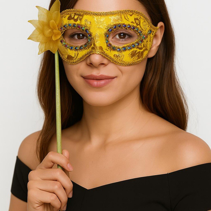 Luxury Stoned Handle Masquerade Mask Gold Color 35 cm