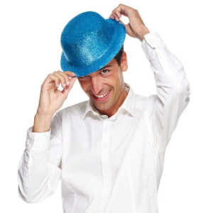 Blue Color Glitter Bowler Round Party Hat 24x26 cm Blue Color Glitter Bowler Round Party Hat 24x26 cm