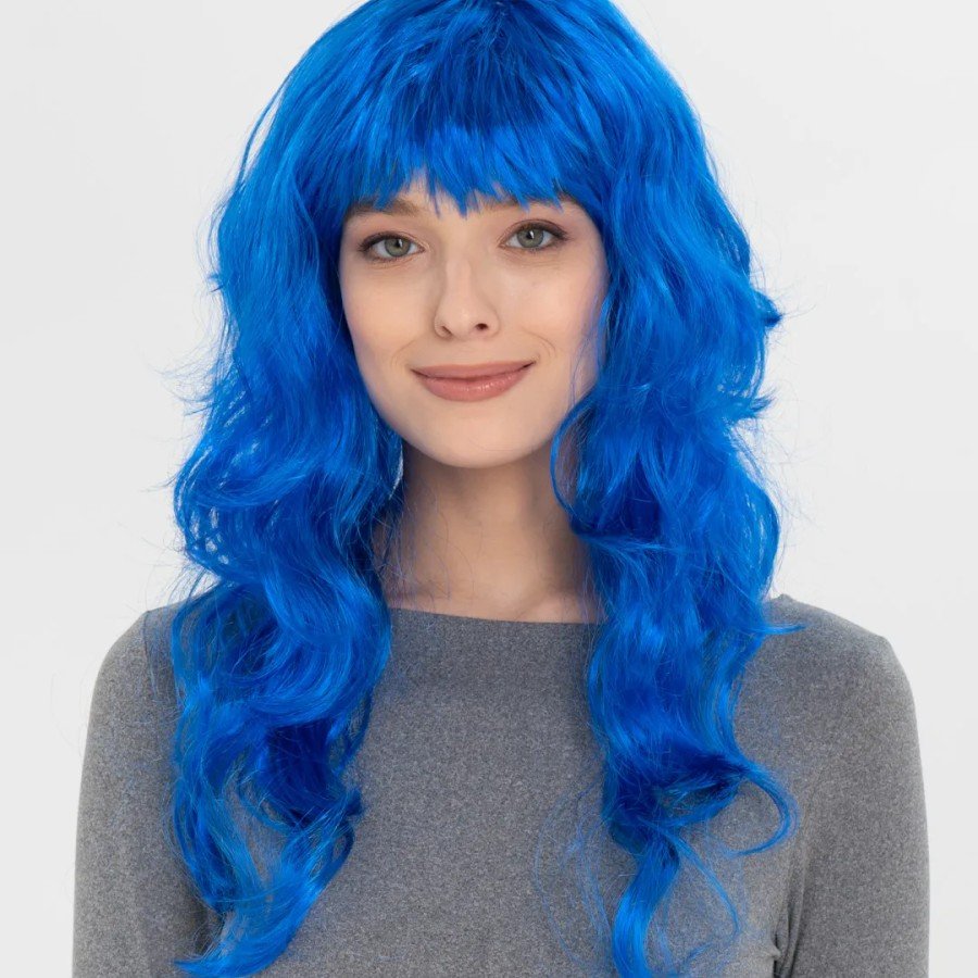 Blue Color Long Wavy Party Wig