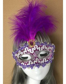 Purple Lace Embroidered Purple Feather Prom Party Mask 17x20 cm