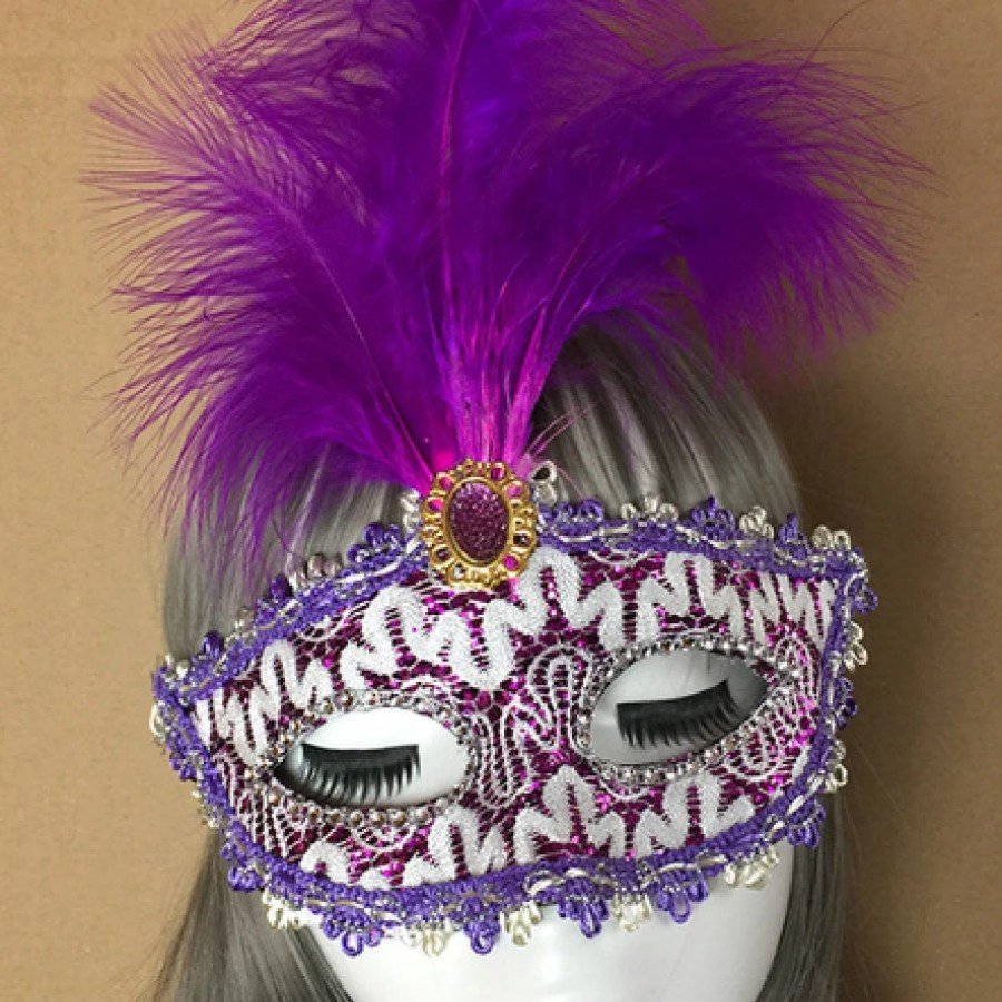 Purple Lace Embroidered Purple Feather Prom Party Mask 17x20 cm