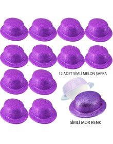 Purple Color Glitter Bowler Round Party Hat 12 Pieces
