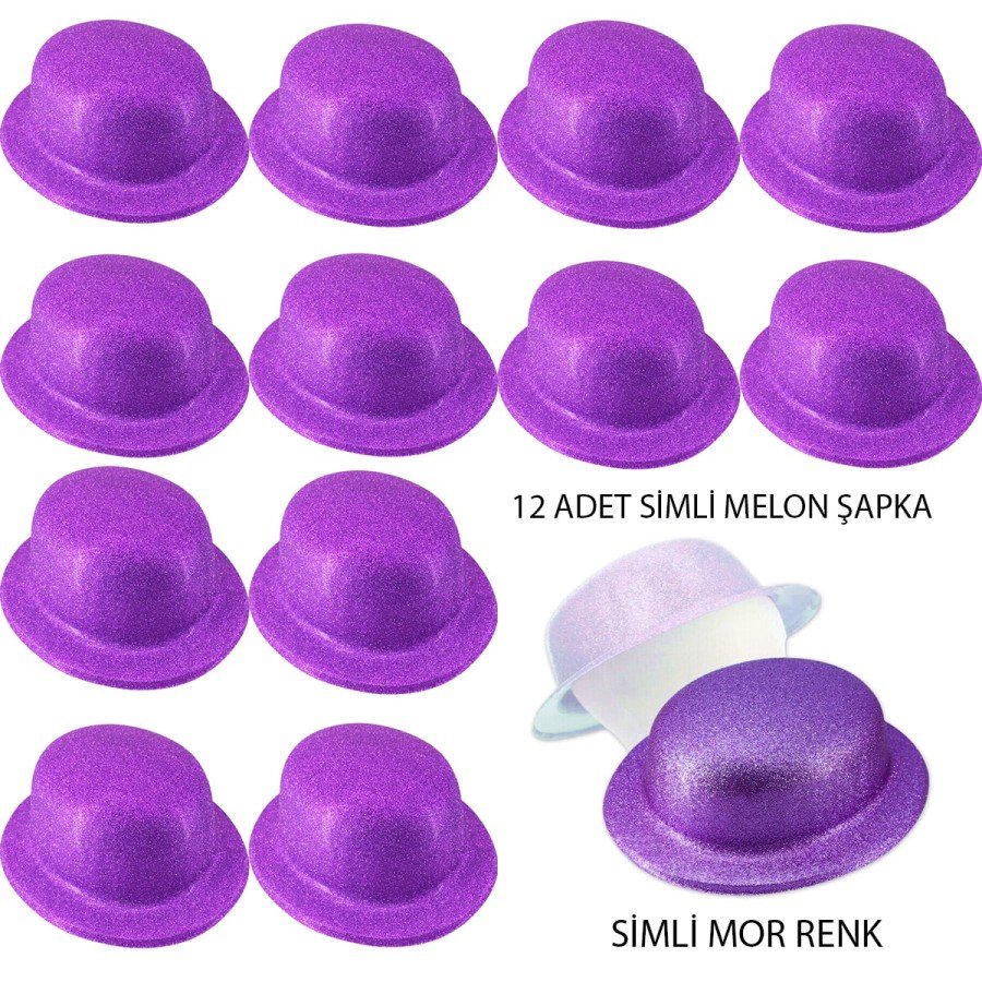 Purple Color Glitter Bowler Round Party Hat 12 Pieces