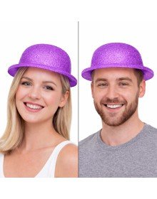 Purple Glitter Bowler Hat | Thin Plastic Glitter Adult Party Hat