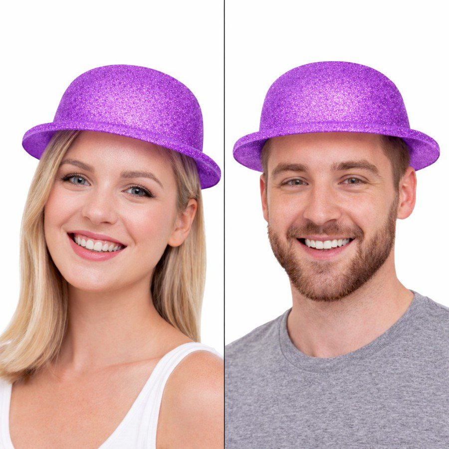 Purple Glitter Bowler Hat | Thin Plastic Glitter Adult Party Hat