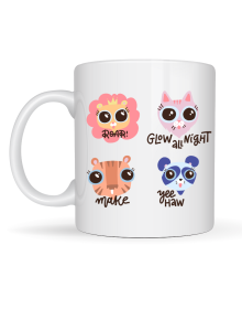 Porcelain Mug with Cute Animal Figure MODEL 70 – Special Edition Mug with “Roar • Glow All Night • Make • Yee Haw” Design