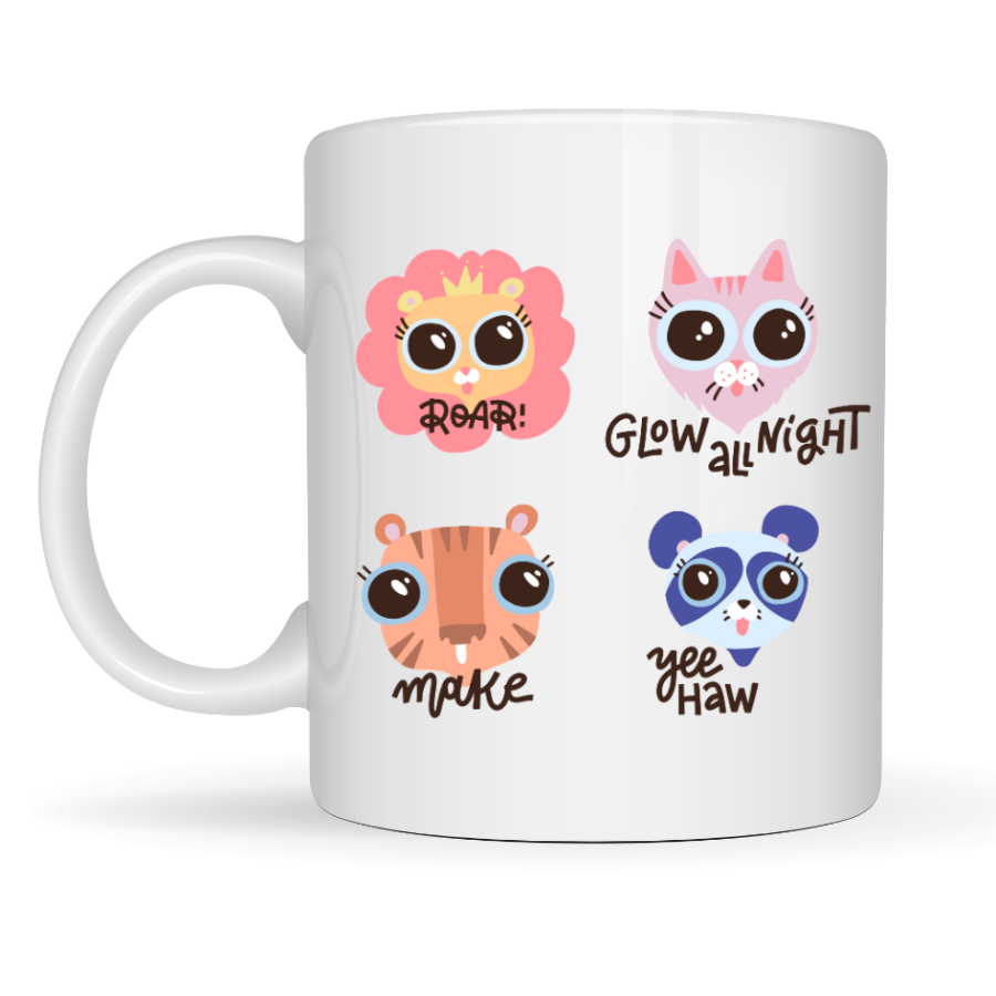 Porcelain Mug with Cute Animal Figure MODEL 70 – Special Edition Mug with “Roar • Glow All Night • Make • Yee Haw” Design
