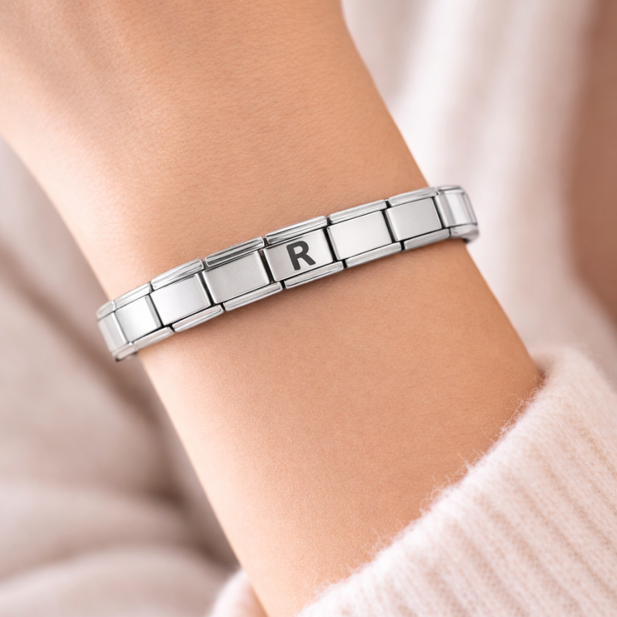 Personalized Steel Bracelet with the Letter R – Italian Charm Bracelet, Adjustable Elegant Design Personalized Steel Bracelet with the Letter R – Italian Charm Bracelet, Adjustable Elegant Design