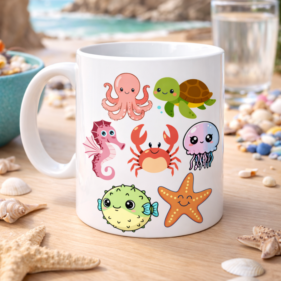 Cute Sea Creatures Patterned Porcelain Mug MODEL 118 – Octopus, Turtle, Crab and Starfish Coffee Cup Cute Sea Creatures Patterned Porcelain Mug MODEL 118 – Octopus, Turtle, Crab and Starfish Coffee Cup