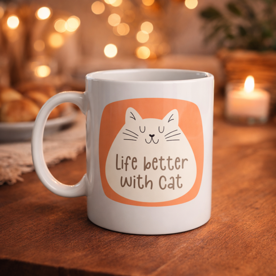 Life Better With Cat – Cute Cat Designed Porcelain Mug MODEL 65 Coffee & Tea Cup Gift Mug
