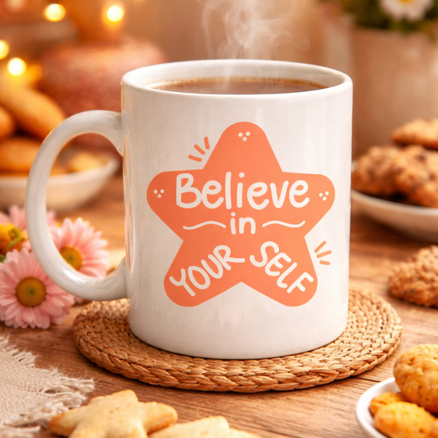 Believe in Yourself Porcelain Mug MODEL 127 – Coffee & Tea Cup with Motivational Message, Meaningful Gift for Your Loved Ones