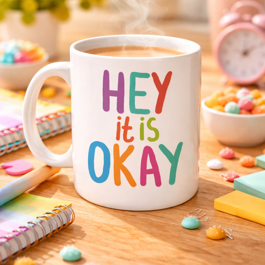 Hey It Is Okay Motivational Cup MODEL 137 – Colorful Design Porcelain Mug – Coffee & Tea Cup with Uplifting, Positive Message